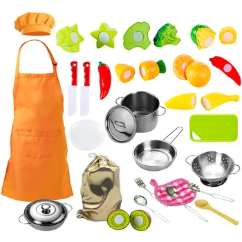 

25Pcs Plastic Fruit Vegetable Kitchen Cutting Cooking Toy Apron Hat Early Development and Education Toy for Baby Kids Children
