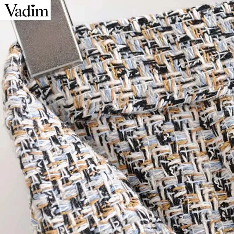 Vadim women chic tweed mini skirt ruffles pearl button decorate irrgular design side zipper vintage female casual skirts BA813