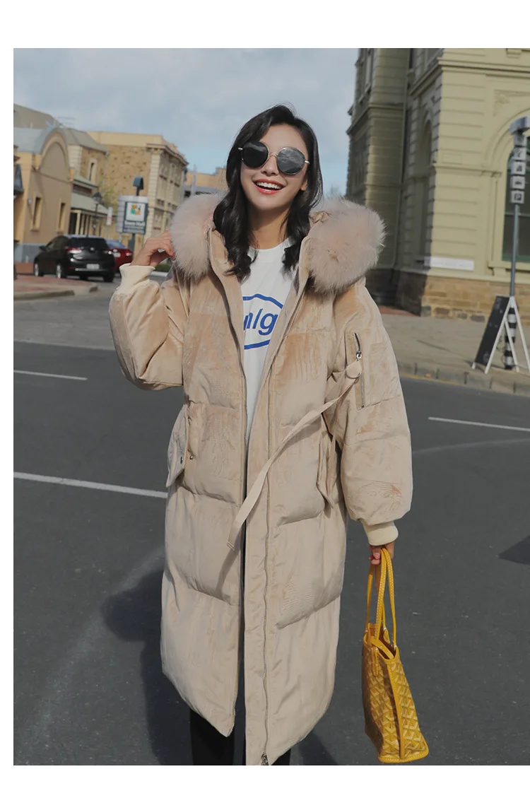 2019chic2018, корейский стиль, Зеленое Длинное пуховое пальто выше колена с лентами, с капюшоном, большой меховой воротник, бархатная хлопковая стеганая одежда для женщин
