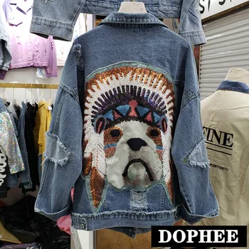 

2019 Autumn New Heavy Cartoon Dog Head Hole Cowboy Coat Woman Personality Jeans Jacket Female Student Loose Denim Outwear