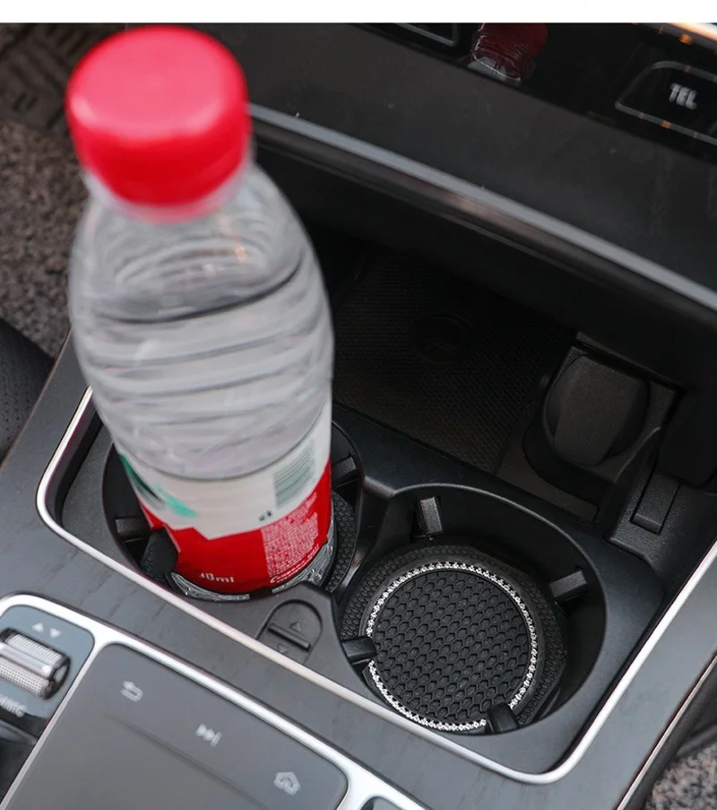 2pcs Non-slip Car Water Cup Pad Diamond Rhinestone Rubber Mat for Bottle Holder Coaster Auto Interior Anti-skid Cup Holders 7cm