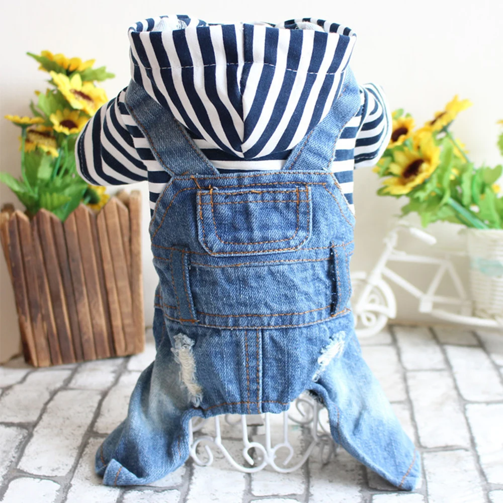Blue-Stripes Джинсовая одежда для собак; куртка для щенков; сезон зима-осень; пальто для питомцев; жилет с капюшоном; Комбинезоны для маленьких собак; одежда в полоску в клеточку - Цвет: Blue-Stripes