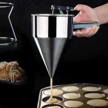 

New Stainless Steel Funnels with Rack,Pancake Batter Dispenser Funnel Octopus Balls Tools With Rack (Stainless Steel,Silver)