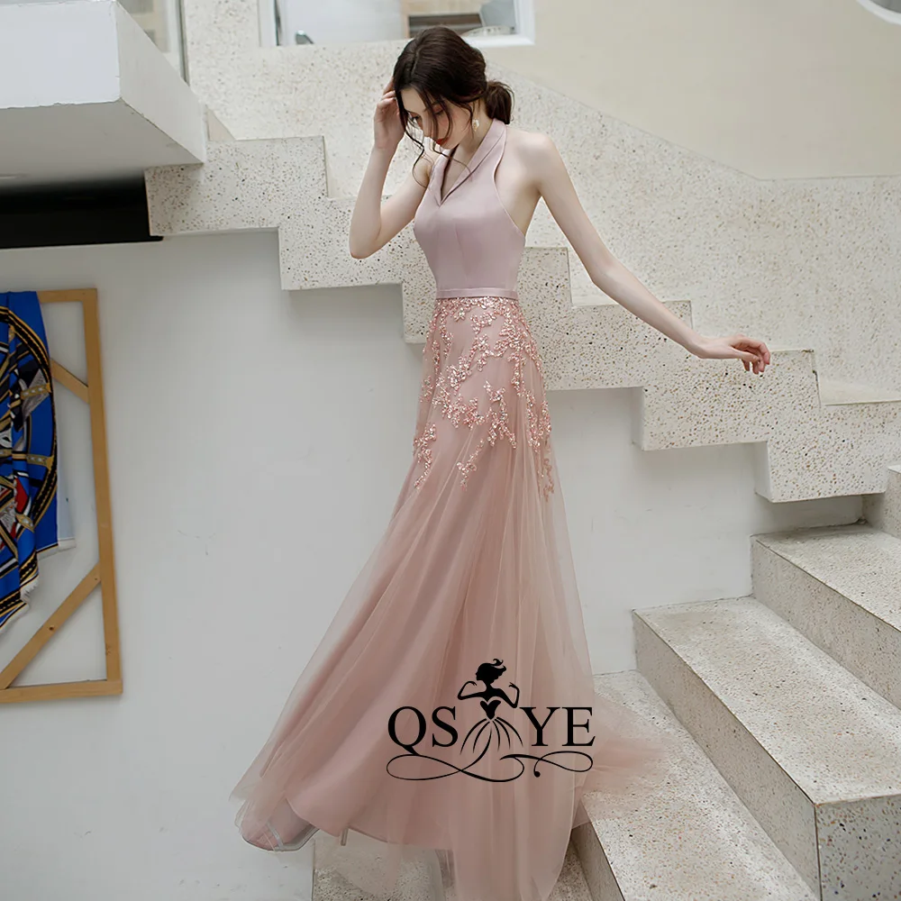 QSYYE ever pretty Длинные Выпускные платья тюль Холтер vestidos largos украшенное бисером с длиной до пола вечернее платье вечерние платья