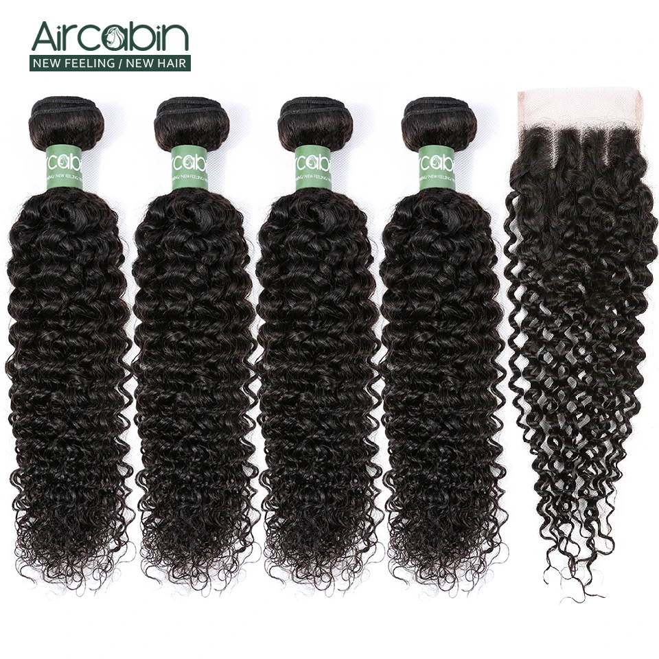 

Aircabin Kinky Curly Bundles with Closure Brazilian Hair Weave 4 Bundle with Lace Closure Remy Hair Extensions Free Shipping