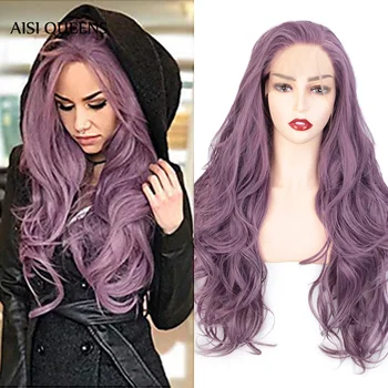 

AISI QUEENS Lace Front Wig Synthetic Long Wavy Grey Natural Free Parts Hair for Black White Women Cosplay Wig
