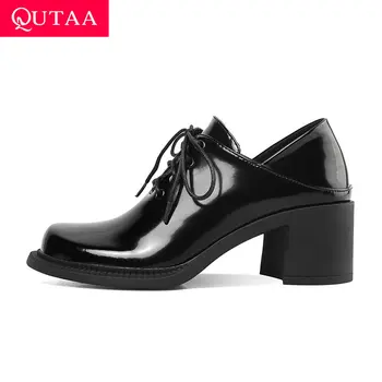 

QUTAA 2020 Spring Autumn Lace Up Round Toe Casual Ladies Pumps Quality PU Leather Square High Heel Women Single Shoes Size 34-39