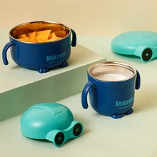 Tazón de alimentación de bebé con dibujos animados, taza de acero inoxidable para mantener el calor, plato antideslizante para niños con mango antiincrustante pratos