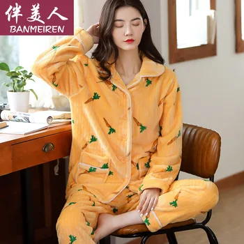 

Flannel Pajamas Women's New Style for Autumn and Winter Coral Fleece Set Cartoon Printed Pajamas Cute Women's Leisure Tops