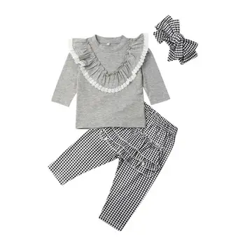 

2019 3PCS Winter Warm Cute Toddler Baby Girls Clothes Ruffles T-Shirt Pullover Tops+Ruffles Plaid Pants+Headband Outfits Set