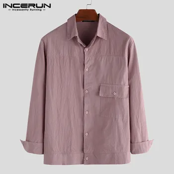 

INCERUN Men Casual Shirt Long Sleeve Cotton Turn-down Collar Vintage Streetwear Brand Pockets Men Shirts Solid 2020 Camisa S-3XL