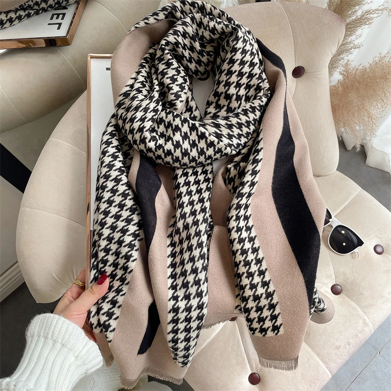 Thick Warm Winter Scarf Houndstooth Design Print Women Cashmere Pashmina Shawl Lady Wrap Scarves Knitted Female Foulard Blanket