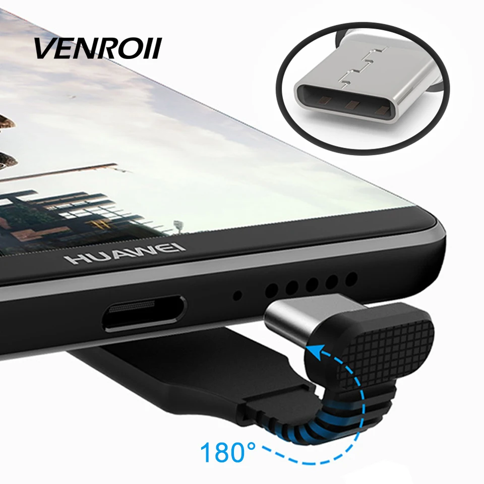 

Venroii 1m 2m 2.4A Fast Charging Type C USB Cable 180 Degree Game Cord for Samsung S10 S9 S8 Phone Gaming Wire for Xiaomi Huawei