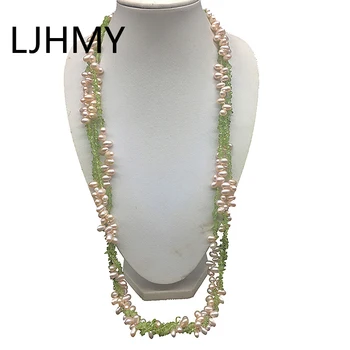 

3 Strands Layered Pink Freshwater Cultured Pearl Peridot Semi-precious Stone Long Necklace Statement Necklace Women 75cm Long