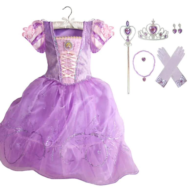 purple sets Платье принцессы для девочек с аксессуарами, костюм Рапунцель, Золушки, Беллы, Авроры на Хэллоуин, детское рождественское платье Белоснежки, Софии - Цвет: purple sets
