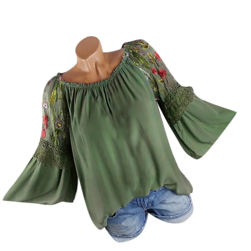 Женские топы и блузки Boho Модные женские топы с круглым вырезом блузка с цветочной вышивкой кружевные топы с расклешенными рукавами женские топы больших размеров