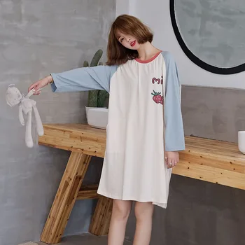 

Milk Strawberry Long Sleeve Nightdress Women's Xia Cotton Loose Spring and Summer Knee-length Sleep Nightdress Women's Nightgown