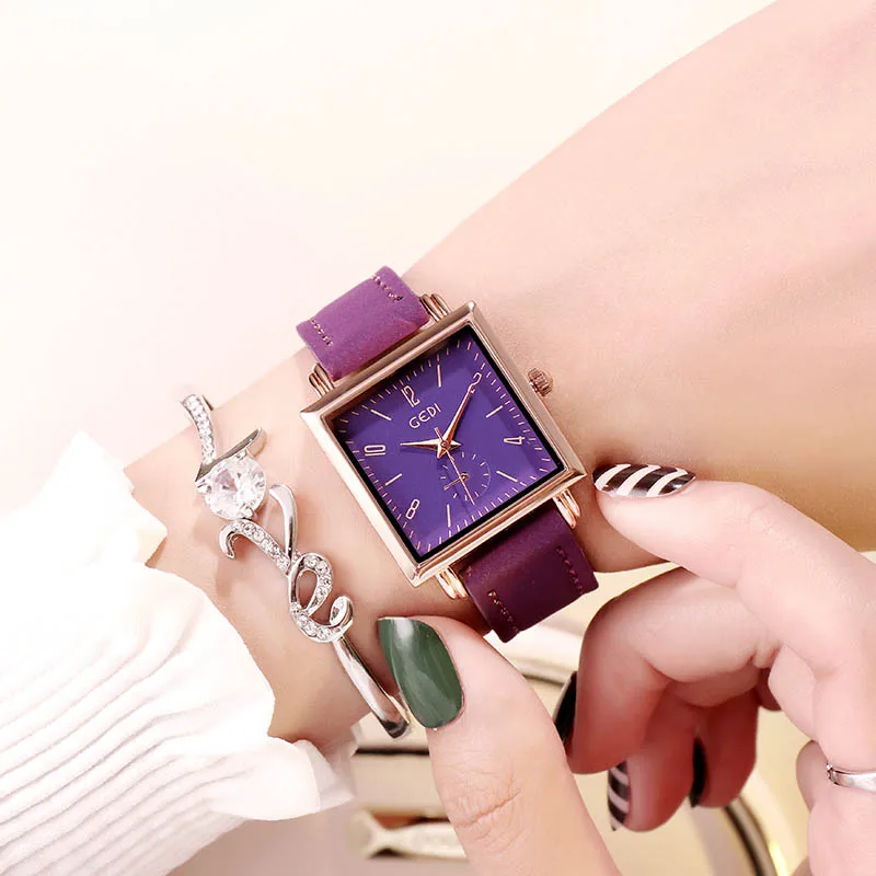 GEDI Top Brand Square Women Watch Contracted Leather Strap WristWatch Women Dress Ladies Quartz Clock Relogios Femininos - Цвет: Purple