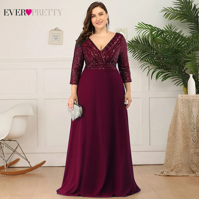 Plus Size Dark Green Evening Dresses Ever Pretty Double V-neck 3/4 Sleeve  Sequined Tulle Elegant Party Gowns Robe De Soiree 2020 - Evening Dresses -  AliExpress