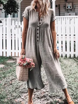 

Short Sleeve One Piece V Neck Jumpsuit Women Romper Loose Wide Leg Playsuits Solid Summer Elegant Oversized Women Clothing
