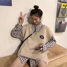 Женский корейский студенческий стиль, японский милый студенческий вязаный свитер с v-образным вырезом, жилет, верхняя одежда, рубашки в клетку, женский свитер, жилет