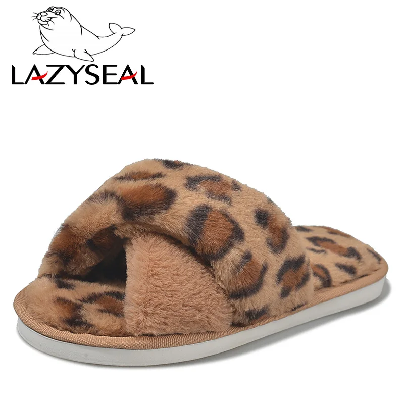 LazySeal/ г. Зимние домашние теплые меховые тапочки женская обувь женские домашние тапочки леопардовые женские шлепанцы теплая Домашняя обувь для женщин - Цвет: Khaki - Ox horn
