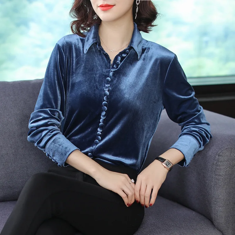 

Gold Velvet Shirt Women's Autumn And Winter 2019 New Style Loose-Fit Long Sleeve Retro CHIC Tops Winter Fold-down Collar Base Sh