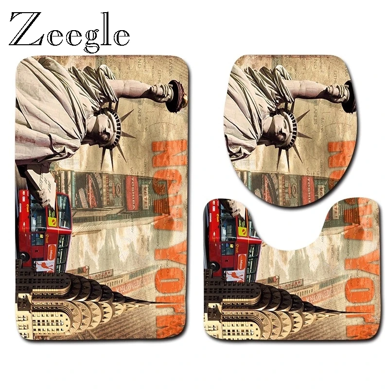 Zeegle Bath Mat Set Anti Slip Bathroom Doormat Shower Mat Flannel Soft Toilet Seat Cover Mat Toilet Pedestal Rug 3pcs Toilet Set