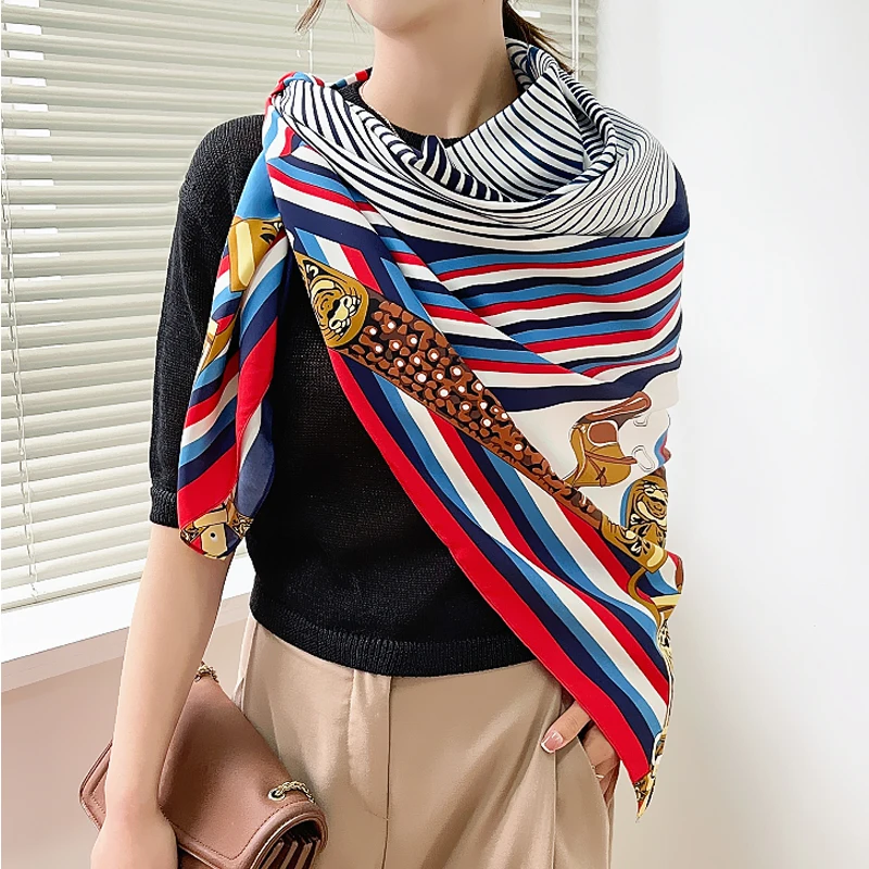 

130cm European Retro Geometric Stripe Horse Head War Horse Women's Twill Fashion Decoration Scarf Silk Scarf Shawl Large Scarf