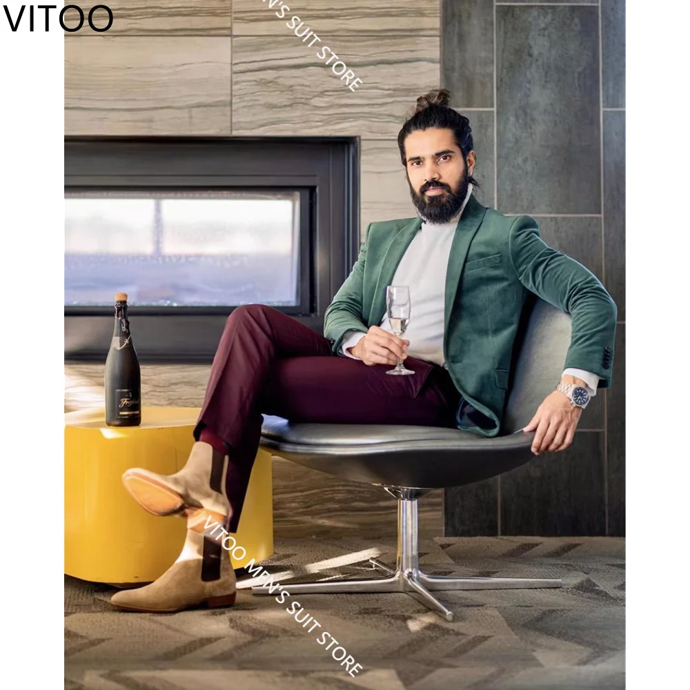 

Men Suits Slim Fit Dark Green Velvet Coat With Burgundy Pant For Party Christmas Outfit Holiday Casual Set Tailor-Made Suit
