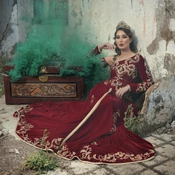 Burgundy Moroccan Kaftan Caftan Muslim Evening Dresses A-line Long Sleeve Velvet Applique Dubai Arabic Turkey Abaya Islamic Gown