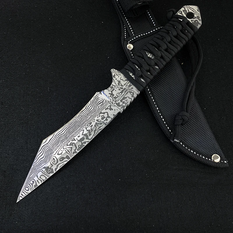 Damascus Pattern 440C Tanto Fixed Blade Outdoor Tactical Hunting Knife With Nylon Sheath Camping Multi-tool Pocket Fishing | Инструменты