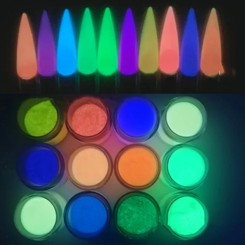 12 Jars (12Colors Nail Powder ) Colored GLOW IN THE DARK Acrylic & dipping  powder for nails Glow-In-The-Dark Acrylic Powder