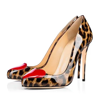 

Ladies Leopard Red Heart Patched Low Out Toe Pumps Women Shiny Leather Fashion Party High Heels Shoes Slip on Zapatos Size 46