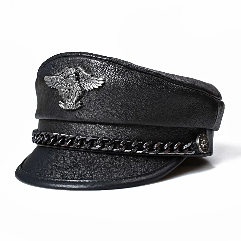 Flat Cap German Military Genuine Leather Top Hat Korean Fashion Eagle Mark Chain Punk Locomotive Casquette Male flat cap