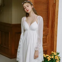 Ретро мода женщин халат набор сексуальный пэчворк кружева пижамы с длинным рукавом сна платье набор