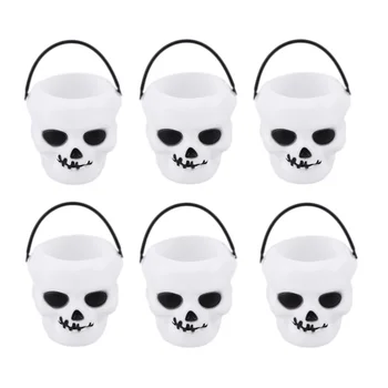 

8 Pcs 6x5.5cm Skull Shaped Candy Jars Kettles Witch Cauldron Handheld Candy Bucket for Halloween Party Hanging Props (White)