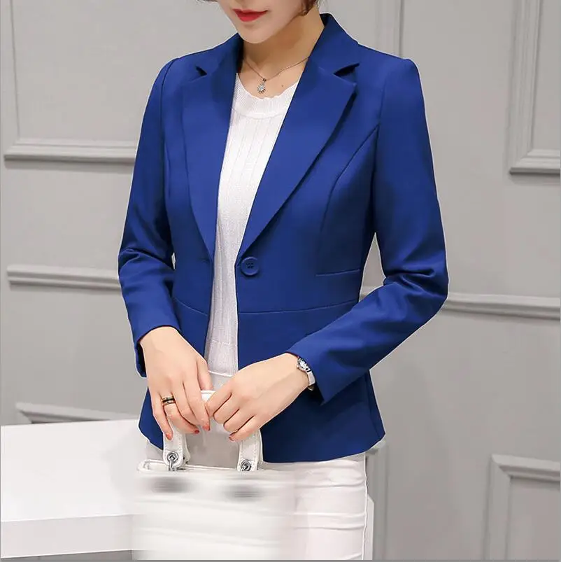 Royal blue Женский блейзер, розовый, длинный рукав, однотонный пиджак на одной пуговице, тонкий женский офисный жакет, Женский Топ, костюм, Блейзер, женские куртки - Цвет: Royal blue