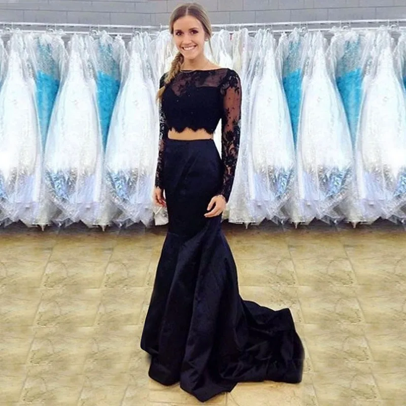 Vestido formatura красивое длинное черное платье из двух частей для выпускного вечера, женское атласное вечернее платье с бусинами