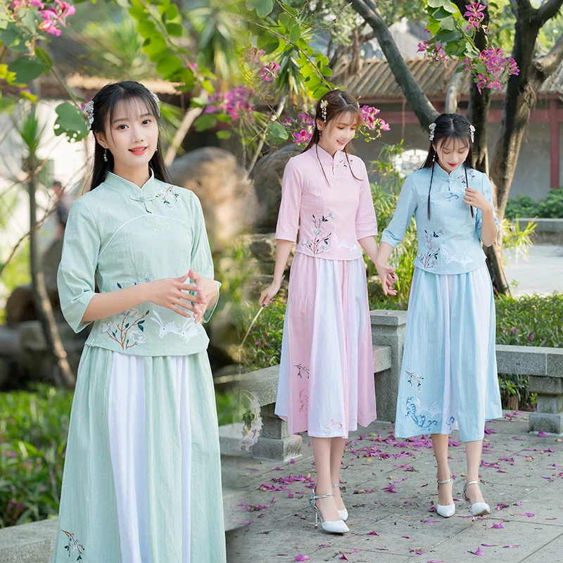 

Photo Shoot 2020 Spring Cotton Linen Slim Fit Cheongsam Small Coat the Republic of China-Style Hipster Best Friend Two-Piece Set