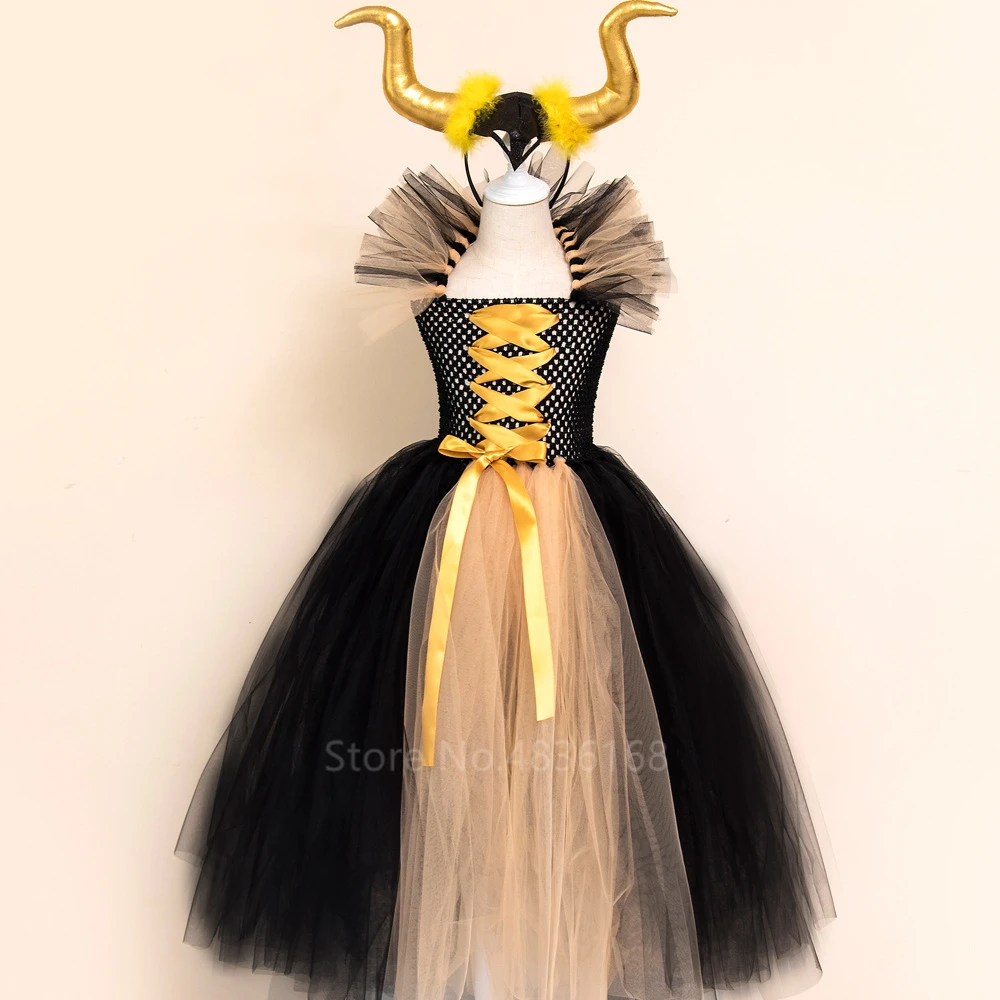 Maleficent of Evil queen/юбка-пачка для девочек; платье с рогами; костюм ведьмы на Хэллоуин; карнавальные вечерние костюмы для девочек