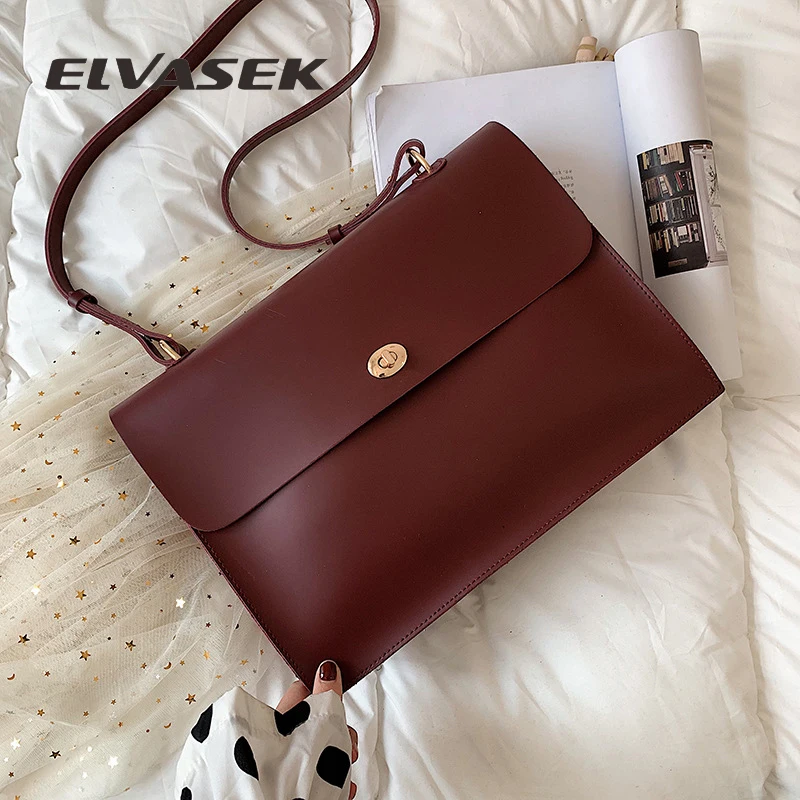 

ELVASEK Retro Fashion Female Big Bag New PU Leather Women's Designer Handbag Ladies Briefcase Tote Shoulder Messenger Bags
