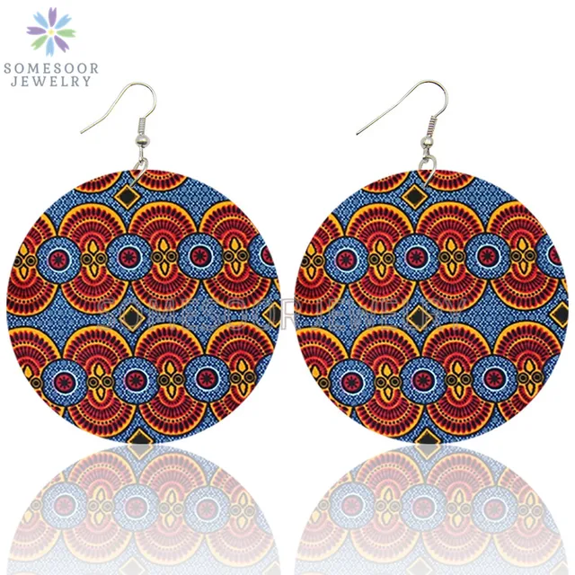 SOMESOOR Vintage Bohemian Flower Wooden Drop Earrings African Ethnic Beautiful Loops Pendant Dangle Jewelry For Women Gifts Both Sides Print 4