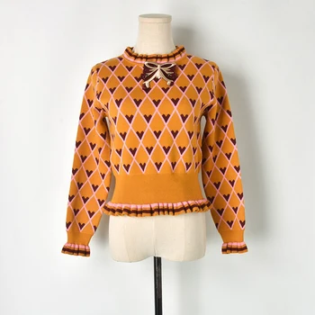 

Women Knitted Sweater Pin Bowknot Argyle Knitwear Long Sleeve O-Neck Outerwear Regular Pullover Female Casual Tops Autumn Winter