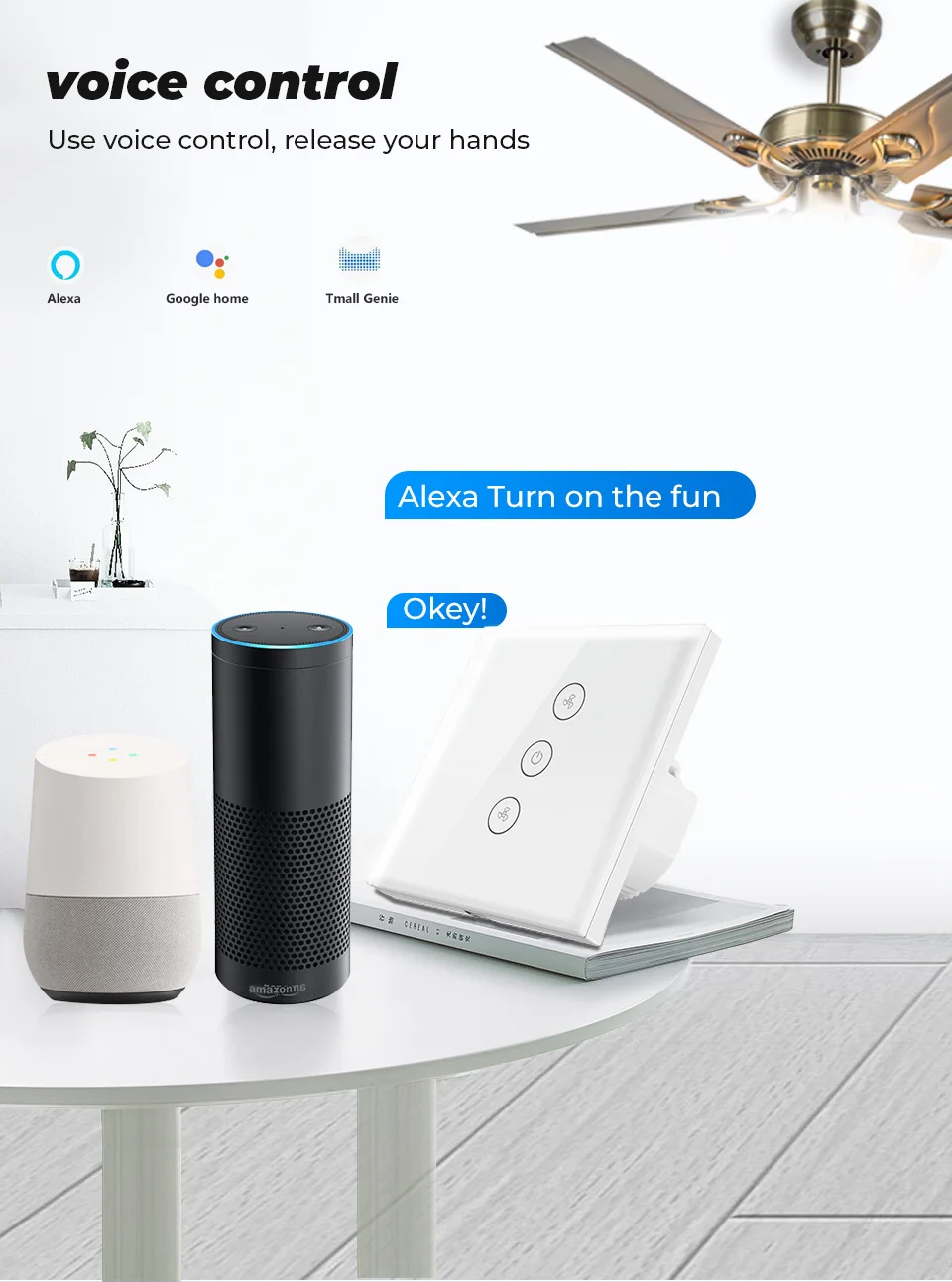 de ventilateur de plafond tactile smart minuterie verre commande fonctionne avec google home