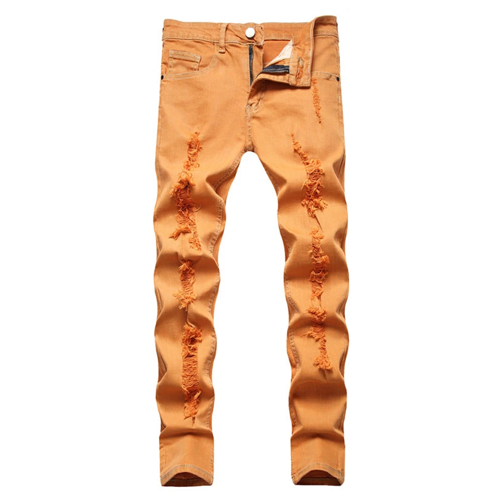 Men Y2K Orange Stretch Denim Jeans 