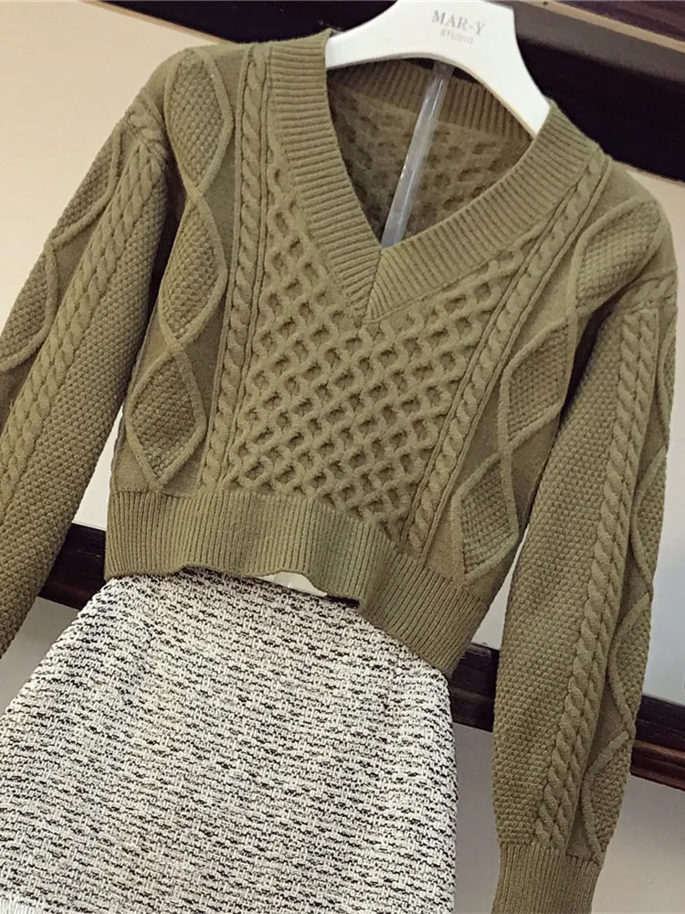Amolapha Для женщин кружевное платье с длинными рукавами, с кисточками; короткие Стиль вязаный пуловер, свитера+ Твид кисточкой Высокая Талия Мини-юбки комплекты из двух предметов