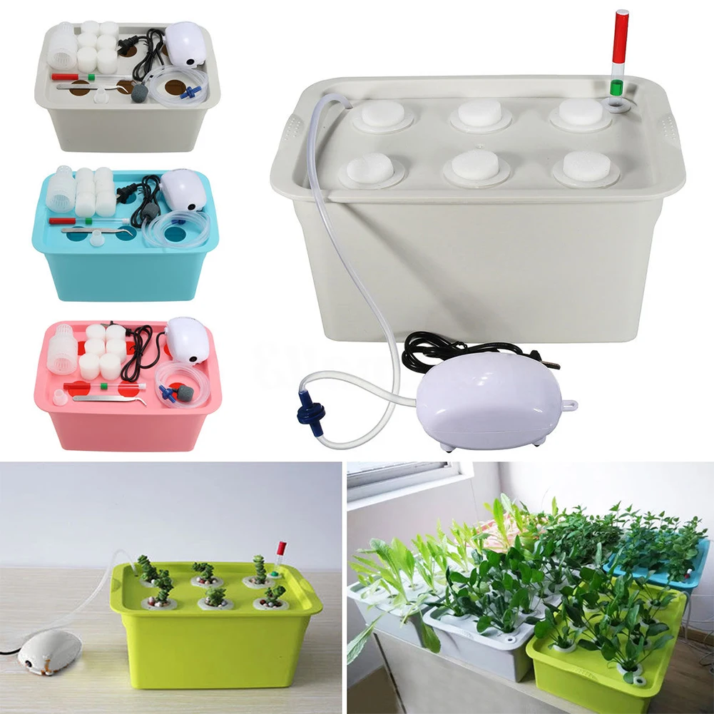 6 Holes Seedling Bubble Tub Air Pump Nursery Pots Garden Grow Easy Apply Plant Site Water Culture Hydroponic System Kit Indoor
