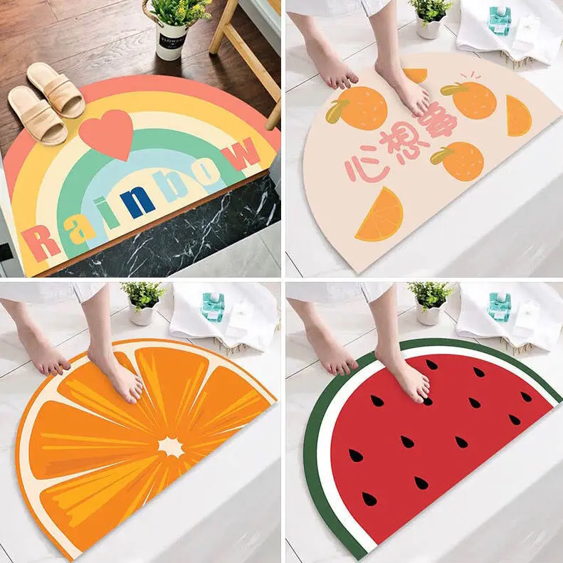 

Half-Circle Door Mat Entrance Bedroom Bathroom Anti-Slip Mat Fruit Orange Print Mat Cut Animals Duck RainBow Fan Shaped Carpet