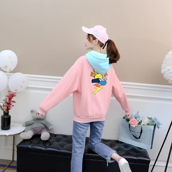 

Women Streetwear Hoodies New Spring Autumn Fleece Casual Harajuku Kawaii Funny Sun Print Contrast Color Splicing Sweatshirt Tops